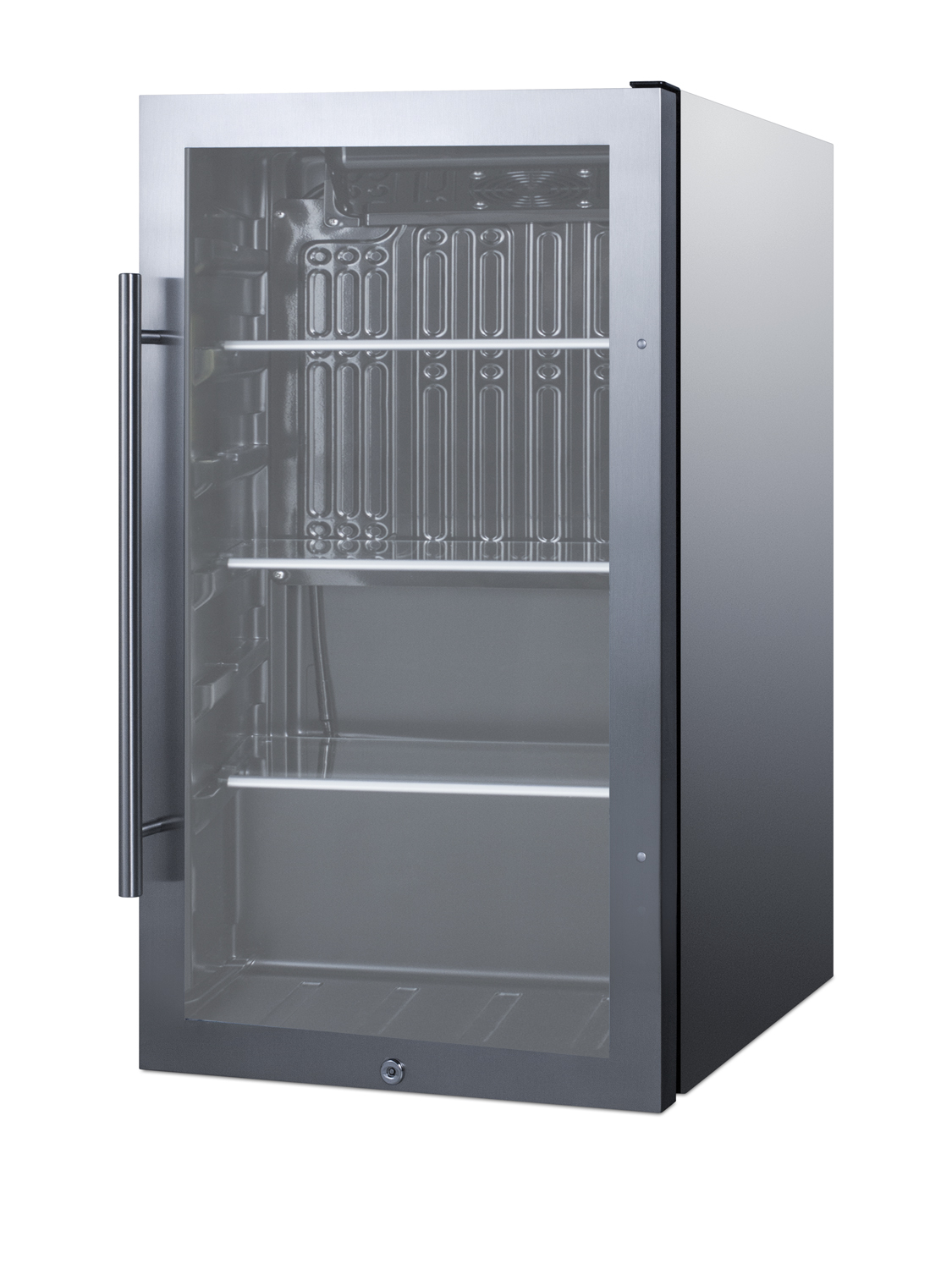 Commercially approved outdoor beverage cooler for built-in or freestanding use with a shallow 17
